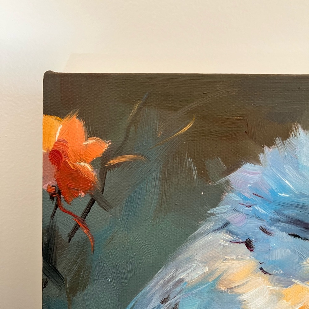 Original Oil painting orange blue bird - Picture 6 of 8